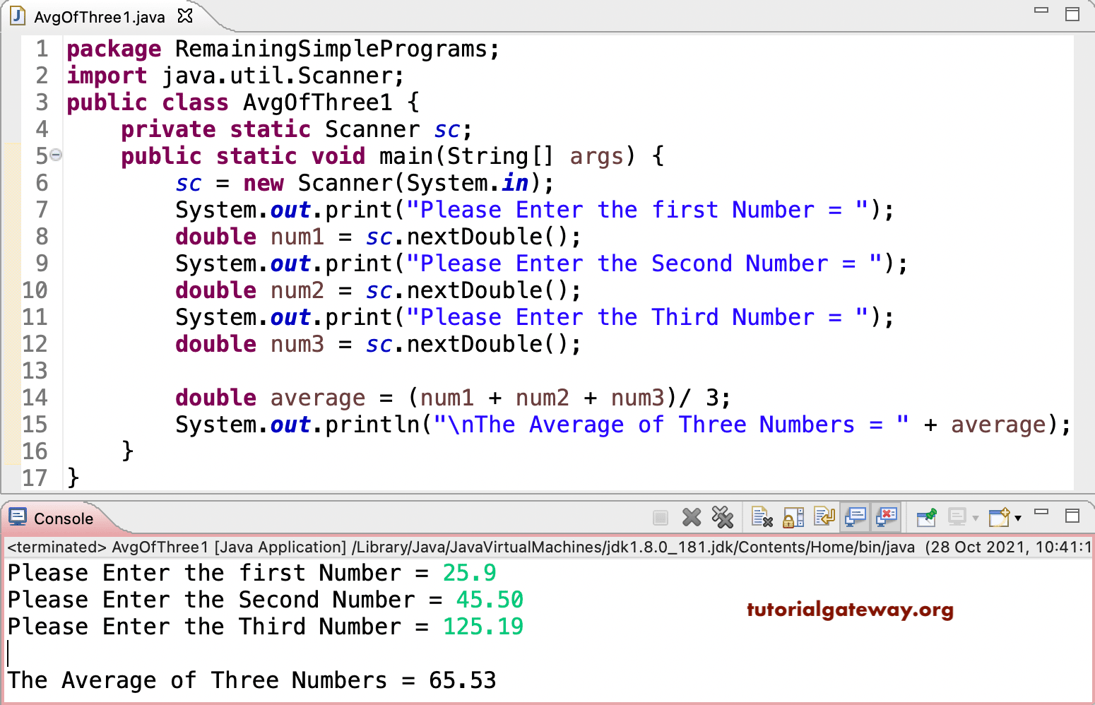 Java Program to find the Average of Three Numbers