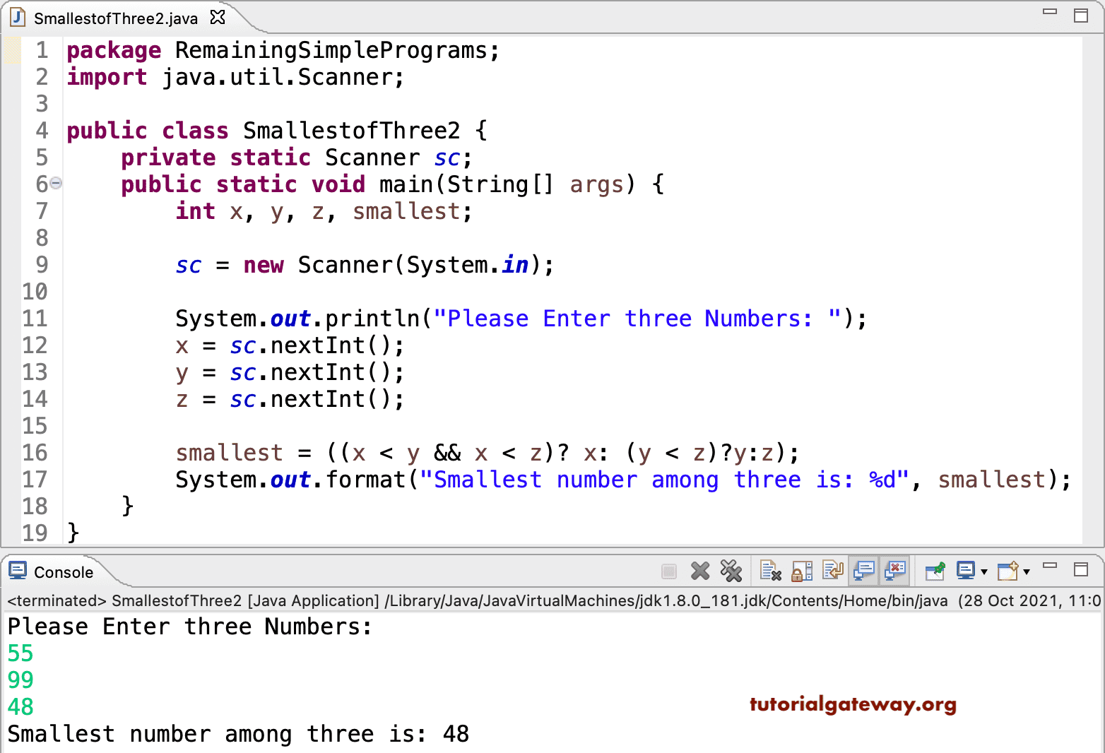 Java Program to find the Smallest of Three Numbers 2