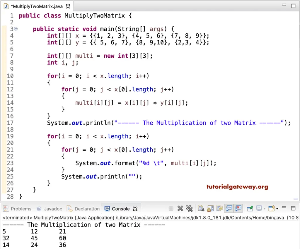 Java program to Multiply two Matrices
