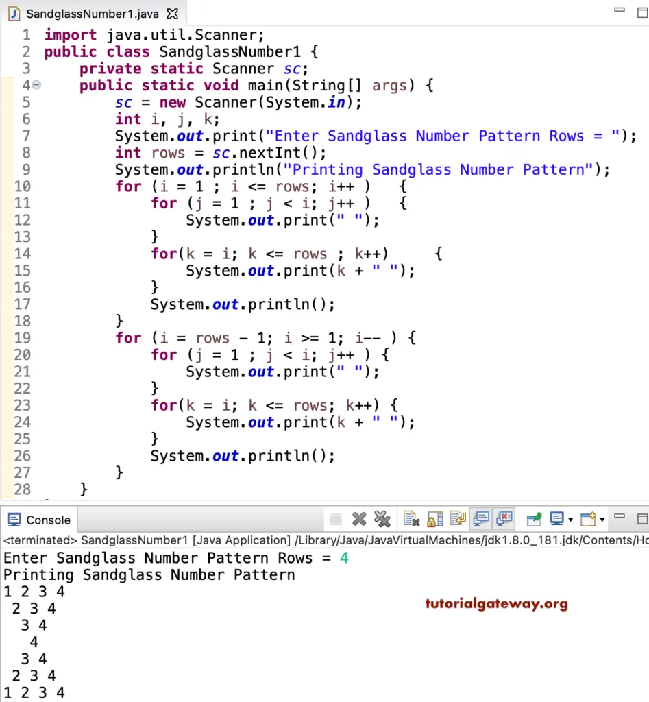 Java program to Print Sandglass Number Pattern