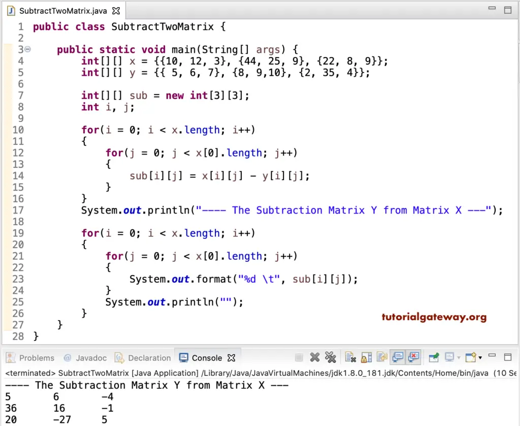 Java program to Subtract two Matrices 1