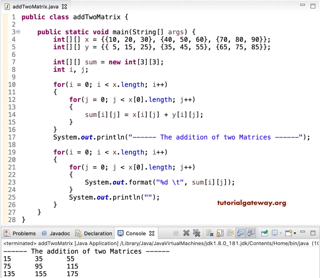 Java program to add two Matrices 1