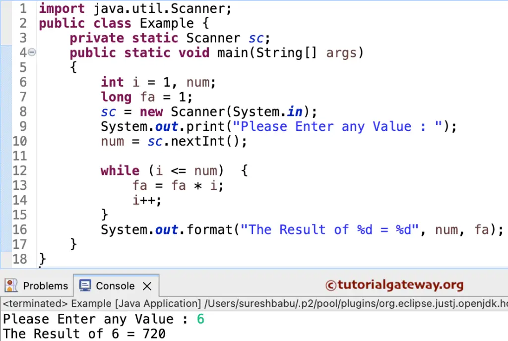 Java program to find Factorial of a Number using while loop