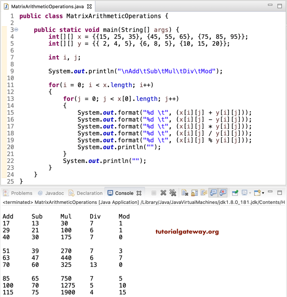 Java program to perform Arithmetic operations on Matrix 1