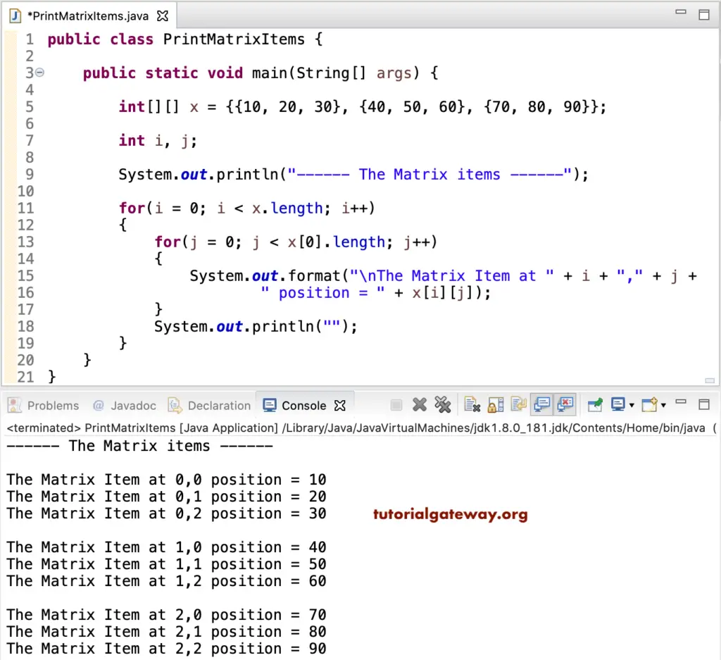 Java program to print Matrix items 1
