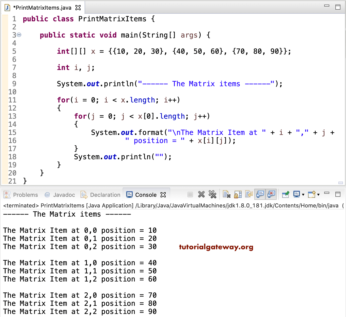Java program to print Matrix items 1