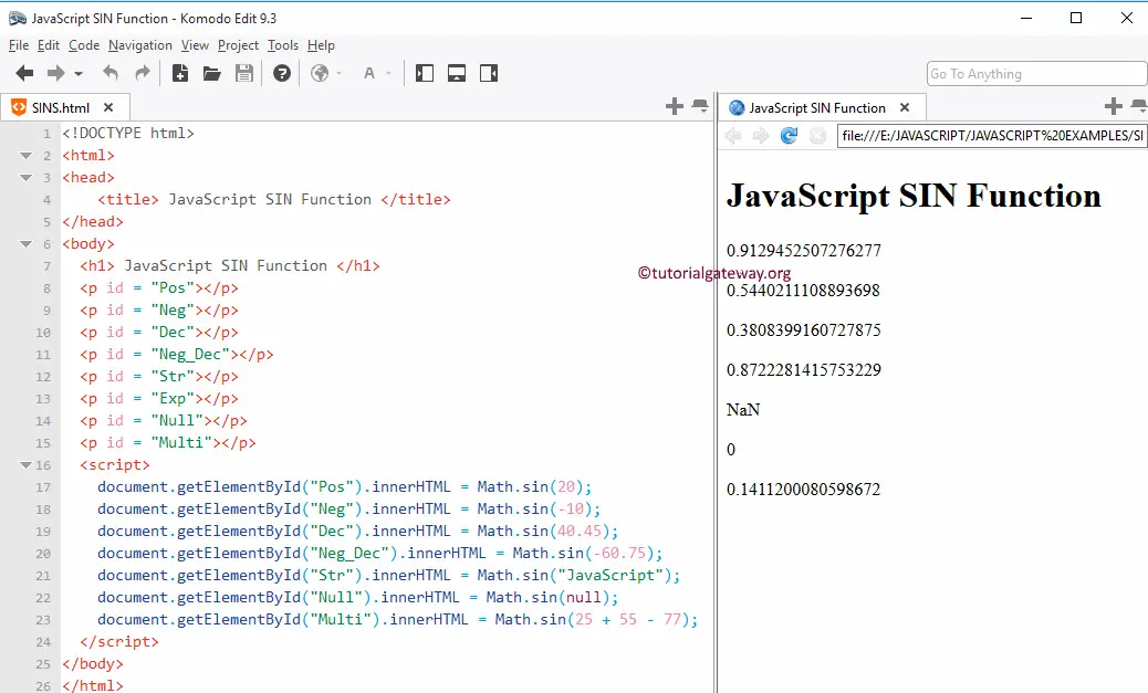 JavaScript SIN Function example