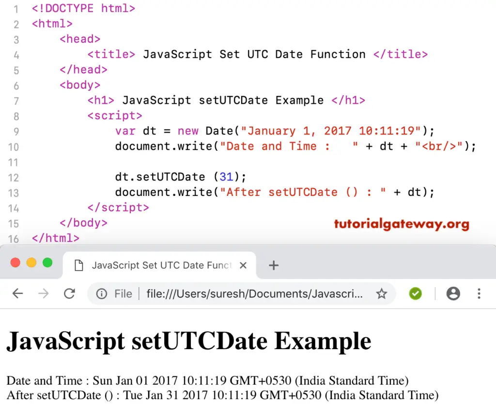 JavaScript SetUTCDate Example