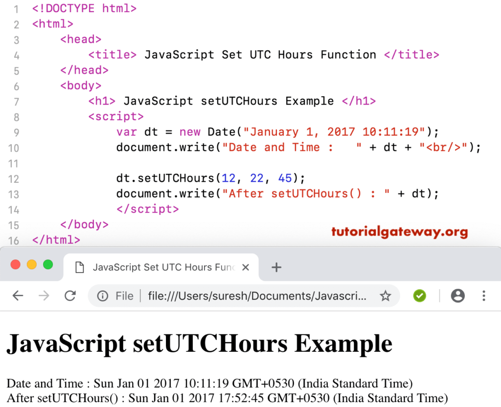 JavaScript SetUTCHours Function Example
