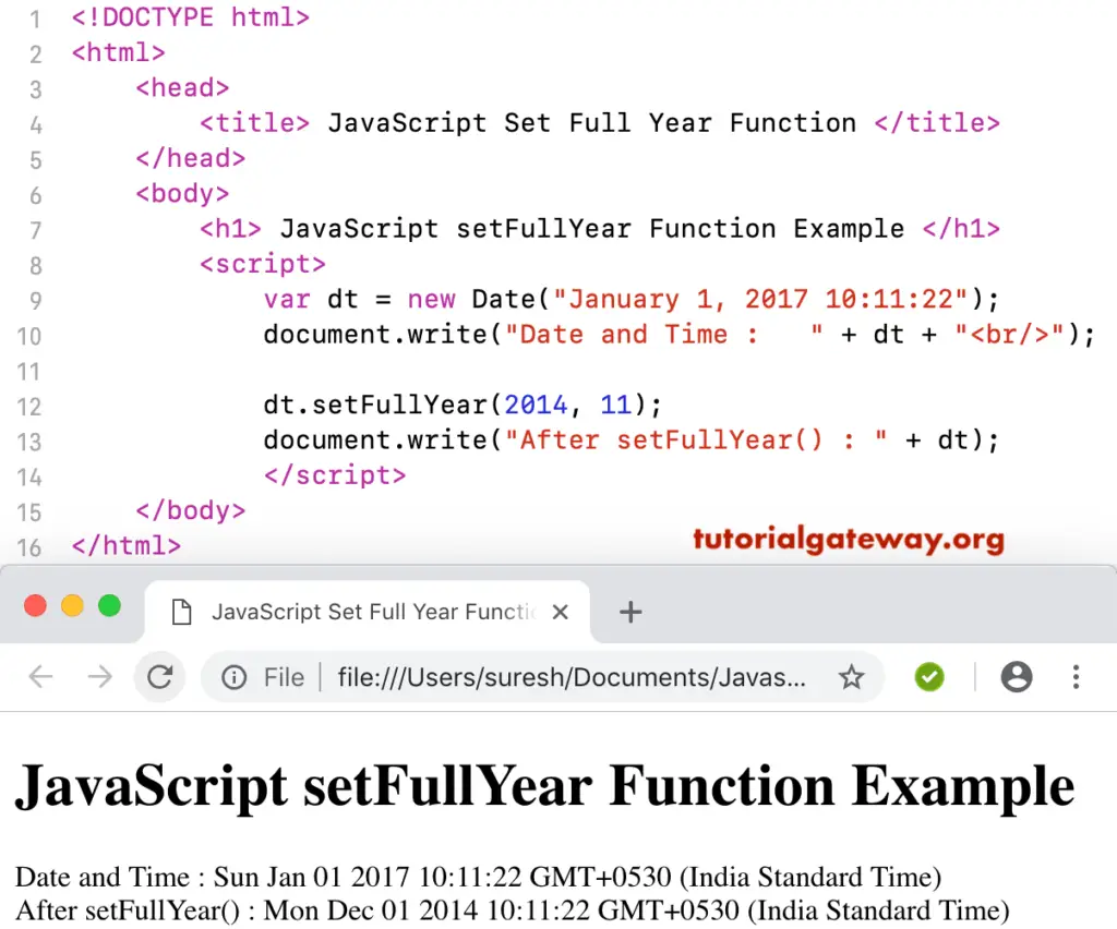 JavaScript setFullYear Example