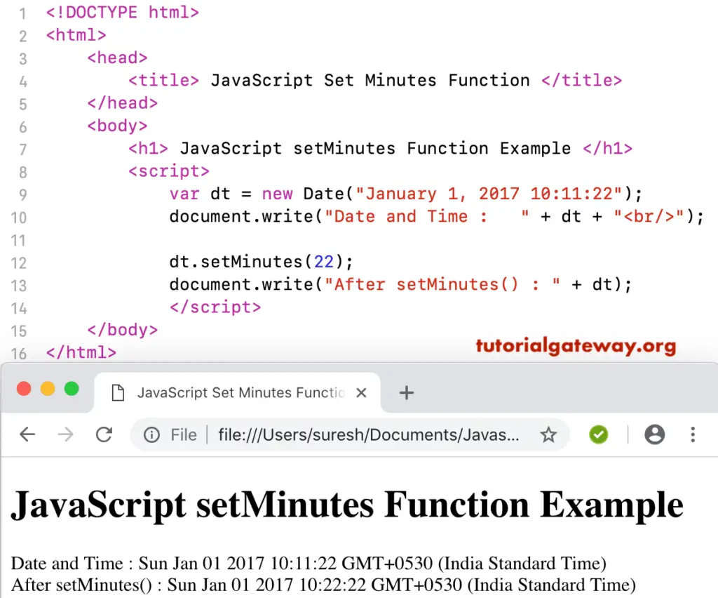 JavaScript setMinutes Example