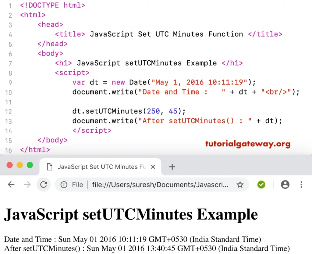 JavaScript setUTCMinutes Example
