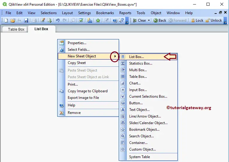 Choose New Sheet Object and QlikView List Box from context menu 4