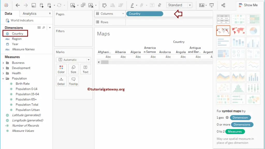 Choose Country and click the Maps in Tableau Show Me window 2
