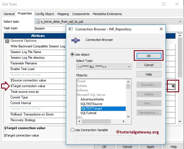 Move Data from SQL Server to another in Informatica Target Connection Value