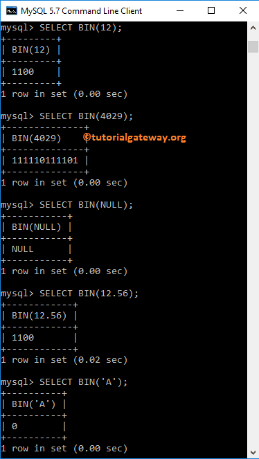 MySQL BIN function Binary Values Example 1