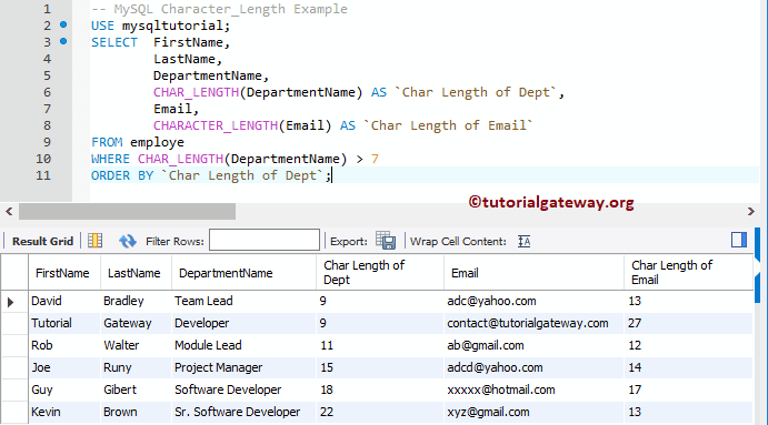 MySQL Char_Length Function WHERE Condition Example 3