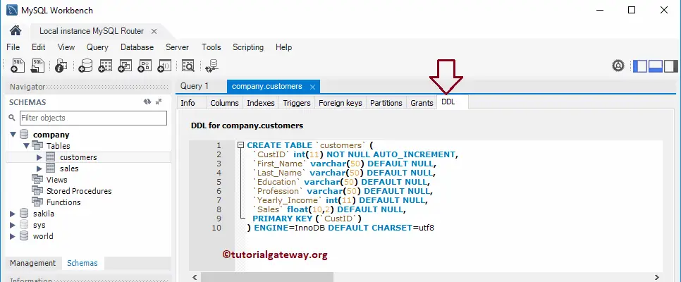 DDL tab to View Query 7