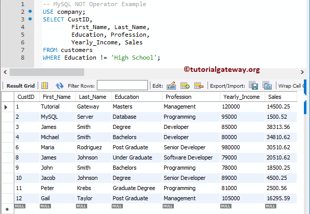 MySQL NOT Operator Example 2