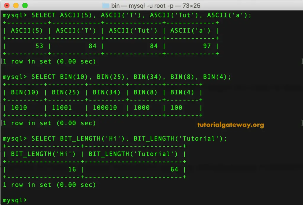 MySQL string ASCII, BIN, BIT_LENGTH functions Example 6