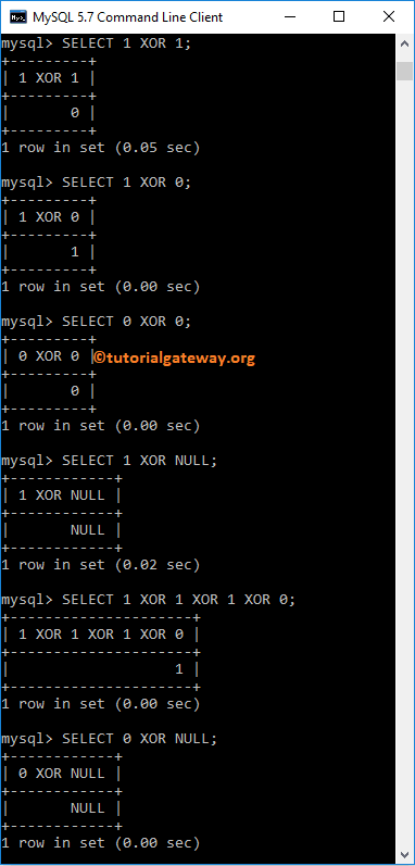 MySQL XOR Operator Example 1