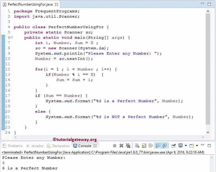 Perfect Number Program in Java using For Loop