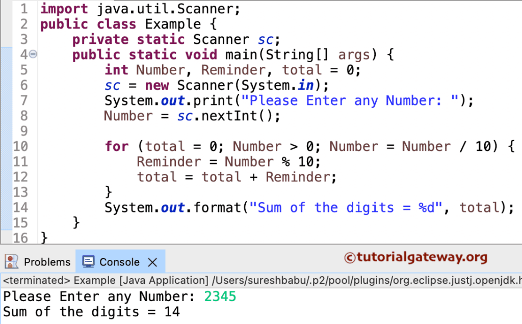 Java Program to Find Sum of Digits using For loop