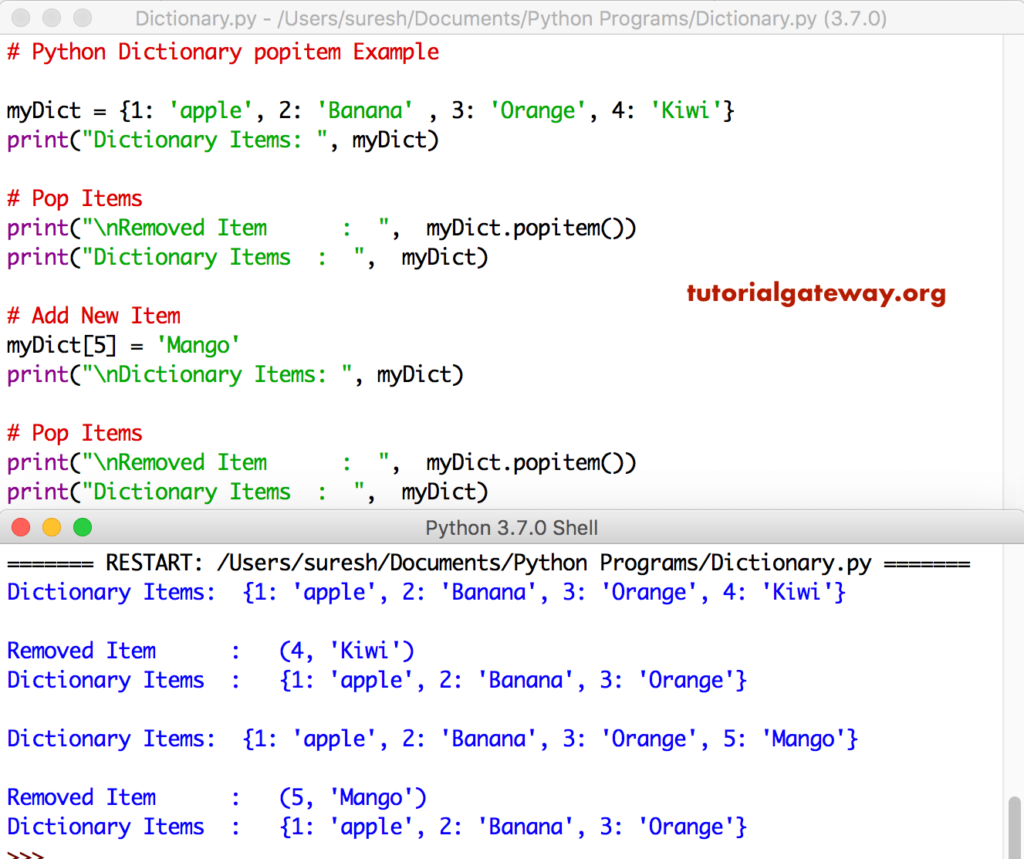 Python Dictionary popitem function Example