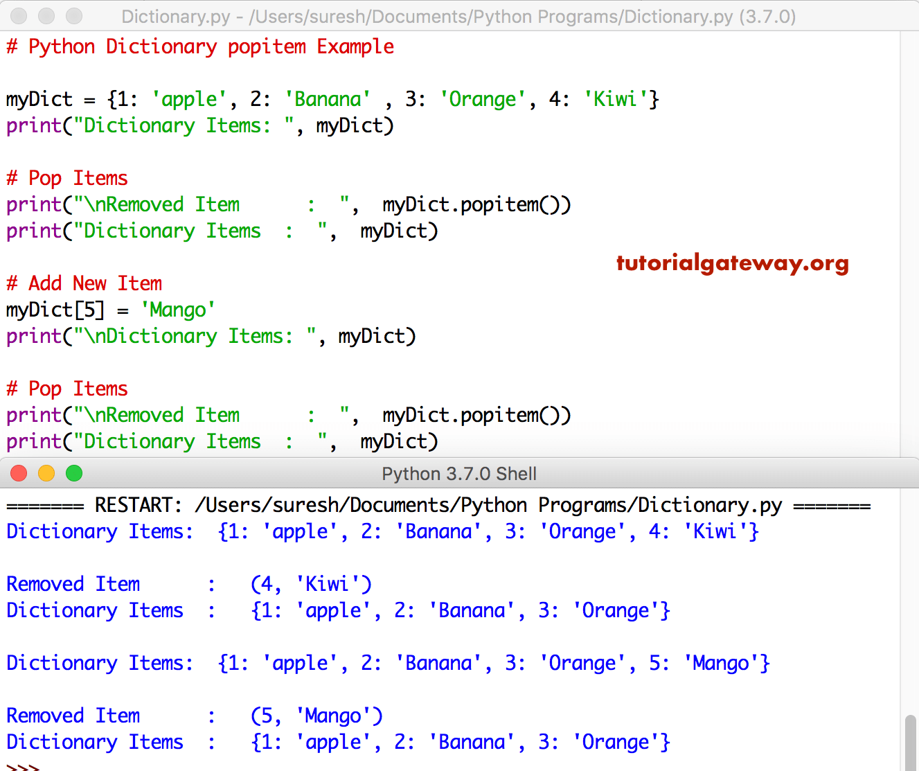 Python Dictionary popitem Example