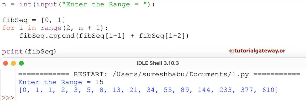 Python Fibonacci Series program using List and For Loop