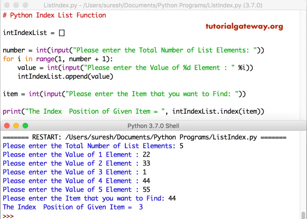Python List Index function Example