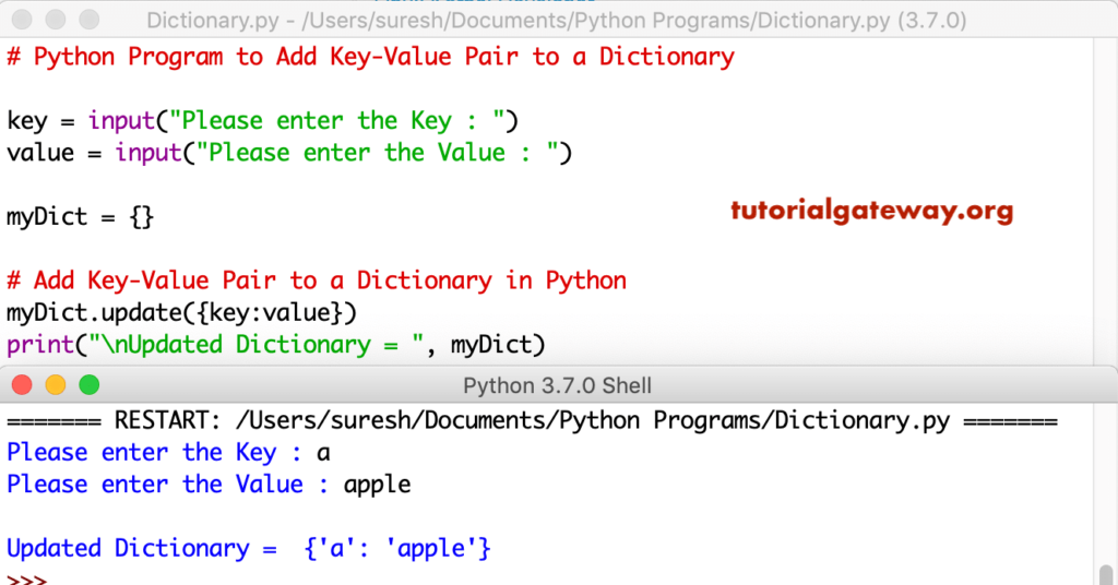 Python Program to Add Key-Value Pair to a Dictionary 1
