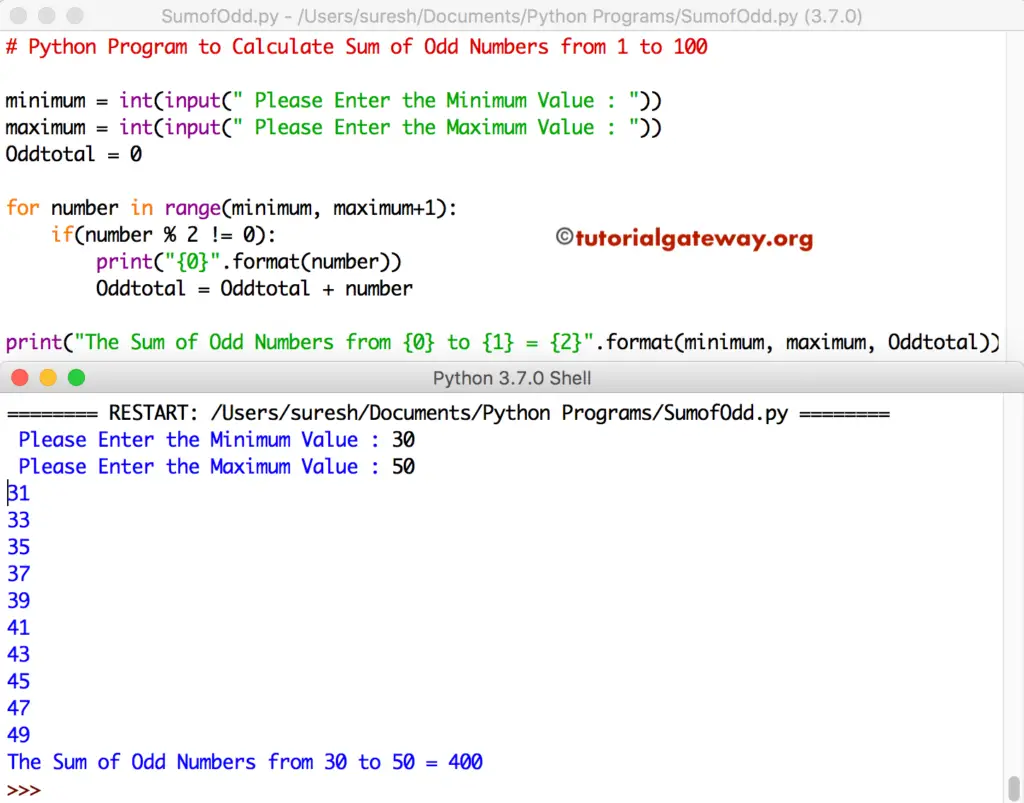 Python Program to Calculate Sum of Odd Numbers from 1 to N 4