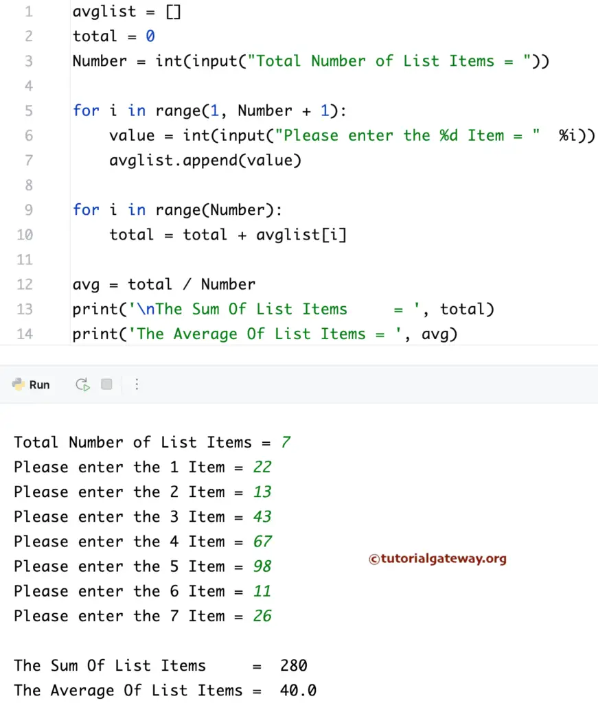 Python Program to Calculate the Average of List Items using For Loop