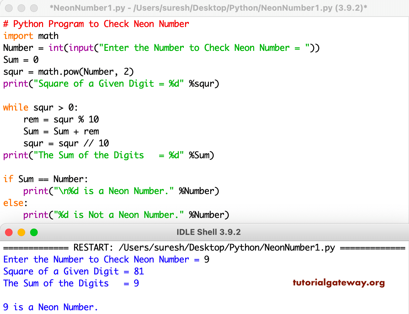 Python Program to Check a Number is a Neon Number