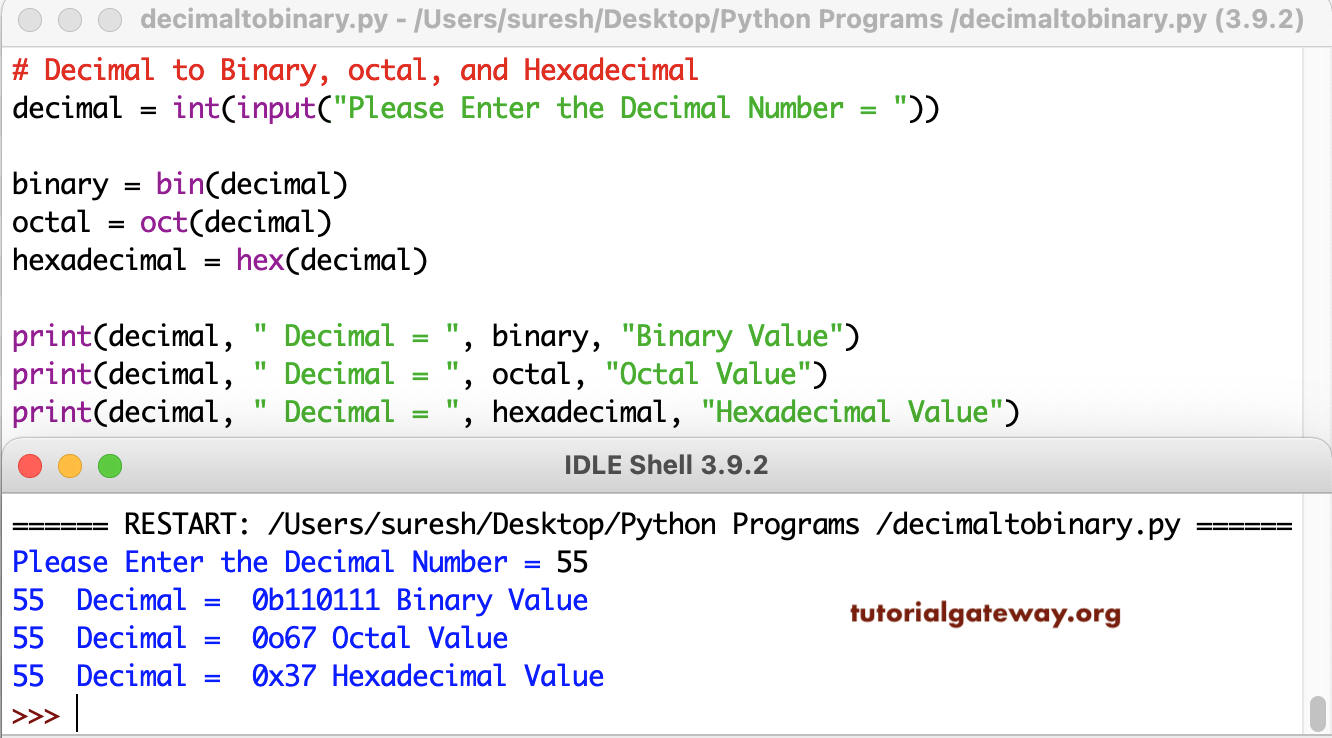 Python Program to Convert Decimal to Binary, octal, and Hexadecimal