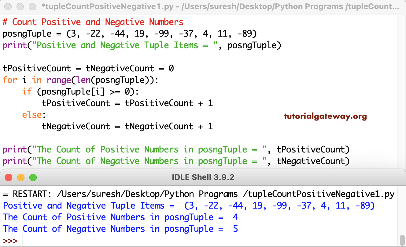 Python Program to Count Positive and Negative Numbers in Tuple 1