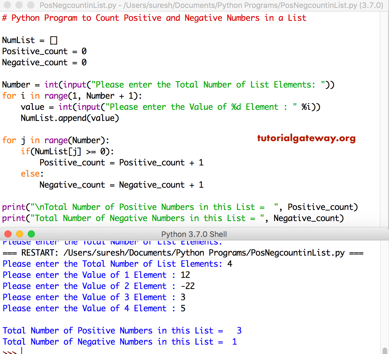 Python Program to Count Positive and Negative Numbers in a List 1