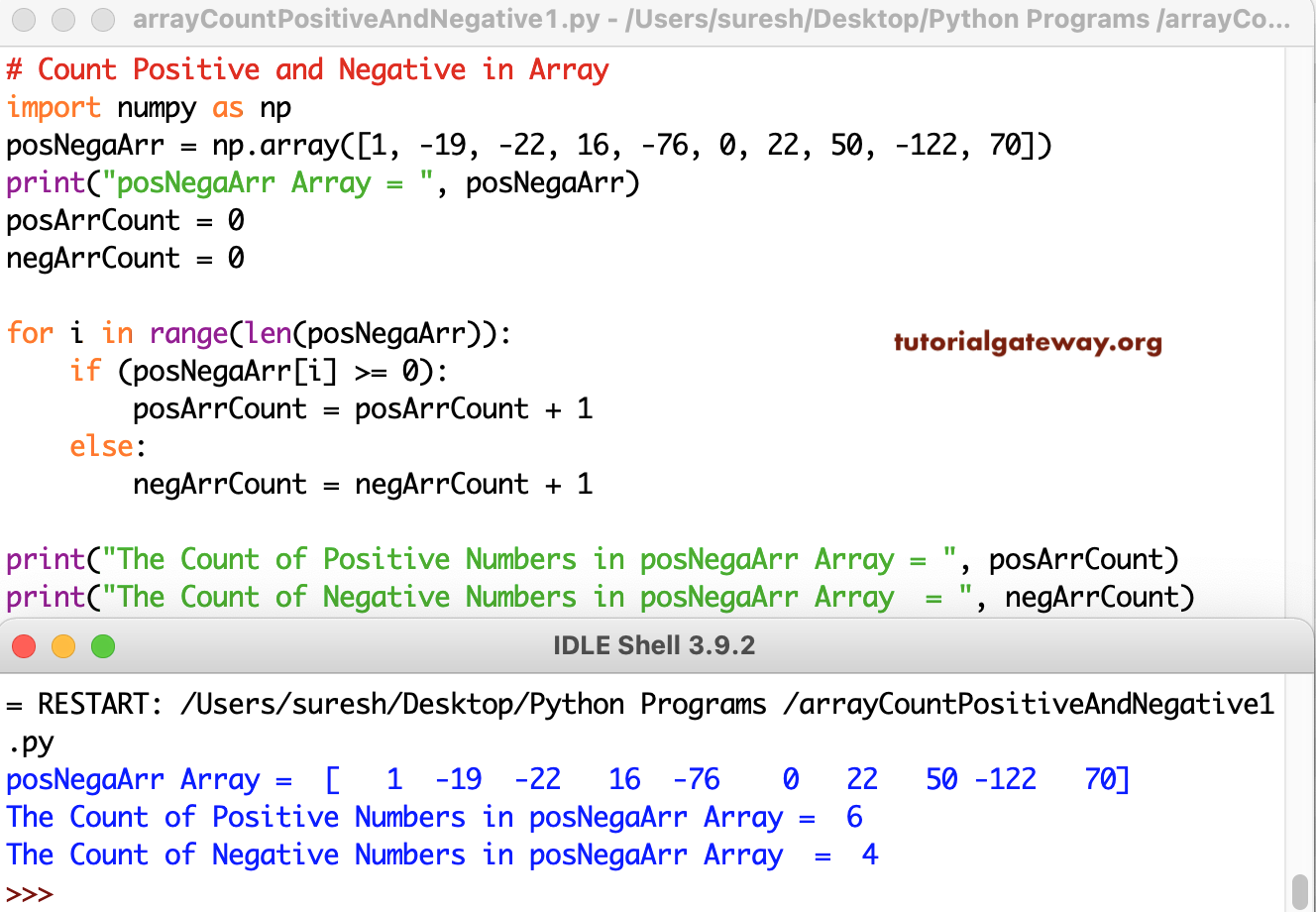 Python Program to Count Positive and Negative Numbers in an Array 1