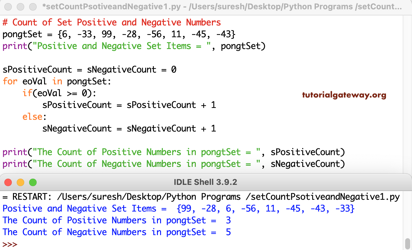 Python Program to Count Positive and Negative in Set 1