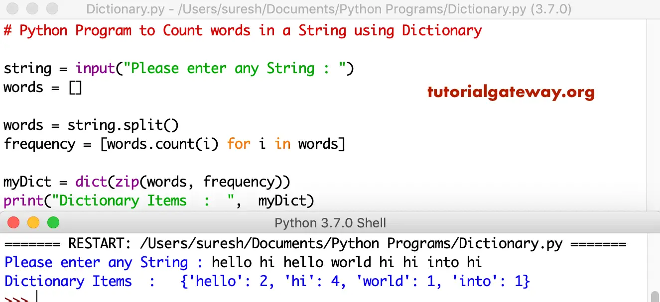 Python Program to Count words in a String using Dictionary 1