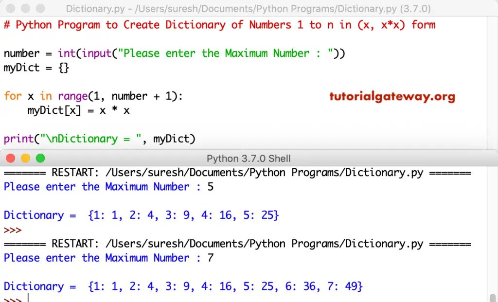 Python Program to Create Dictionary of Numbers 1 to n in (x, x*x) form 1