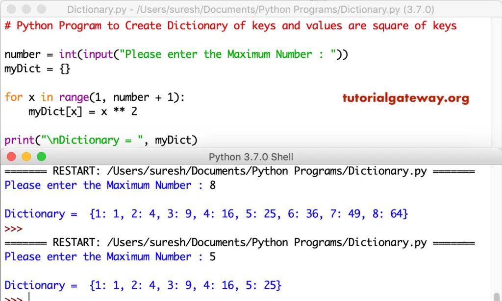 Python Program to Create Dictionary of keys and values are square of keys 1