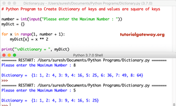 Python to Create Dictionary keys and values are square of
