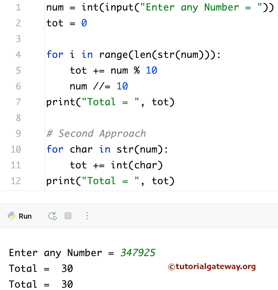 Python Program to Find Sum of Digits of a Number using For Loop