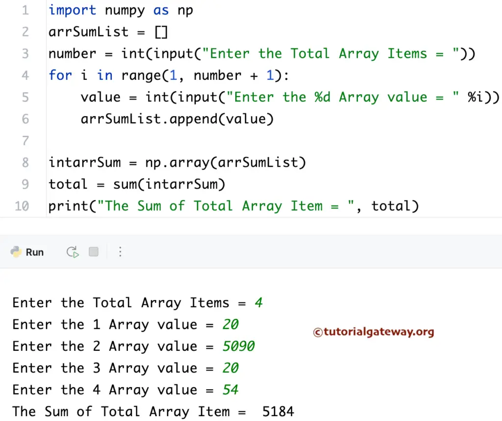 Python Program to Find Sum of Numpy Array Items using sum() function