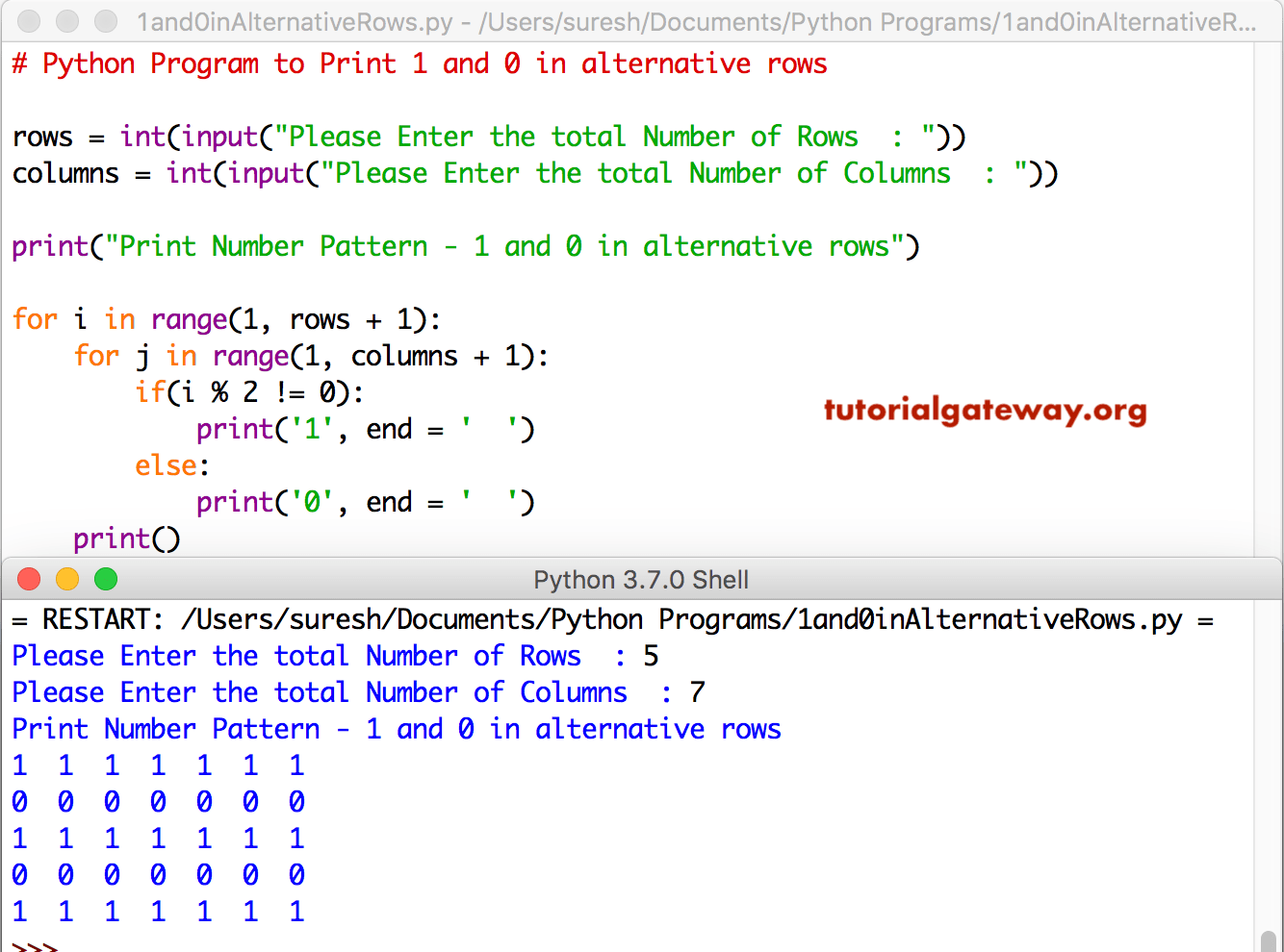 Python Program to Print 1 and 0 in alternative rows 1