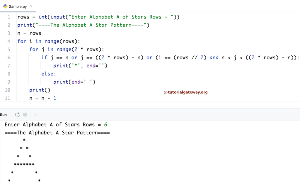 Python Program to Print Alphabet A Star Pattern using For loop