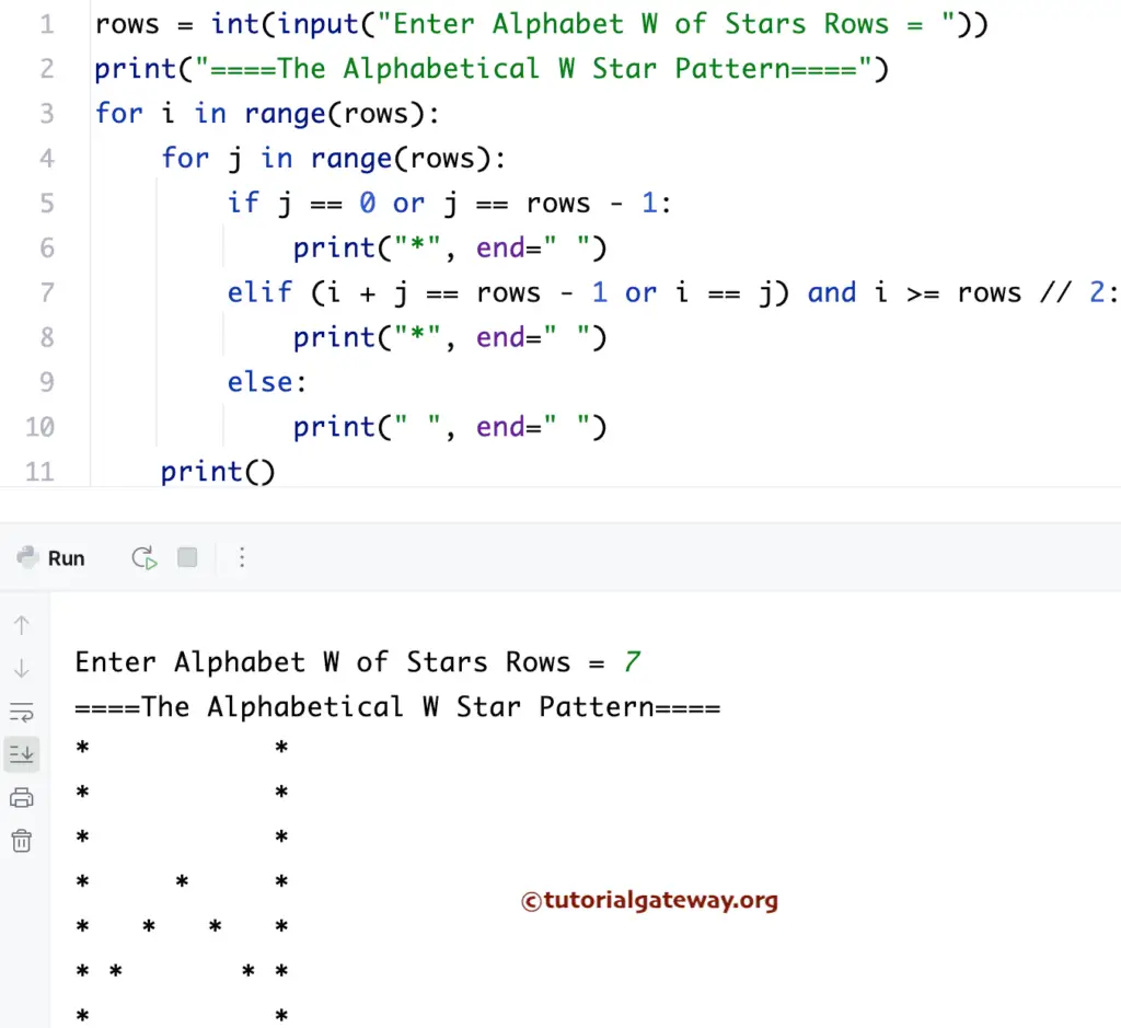 Python Program to Print Alphabet W Pattern of Stars