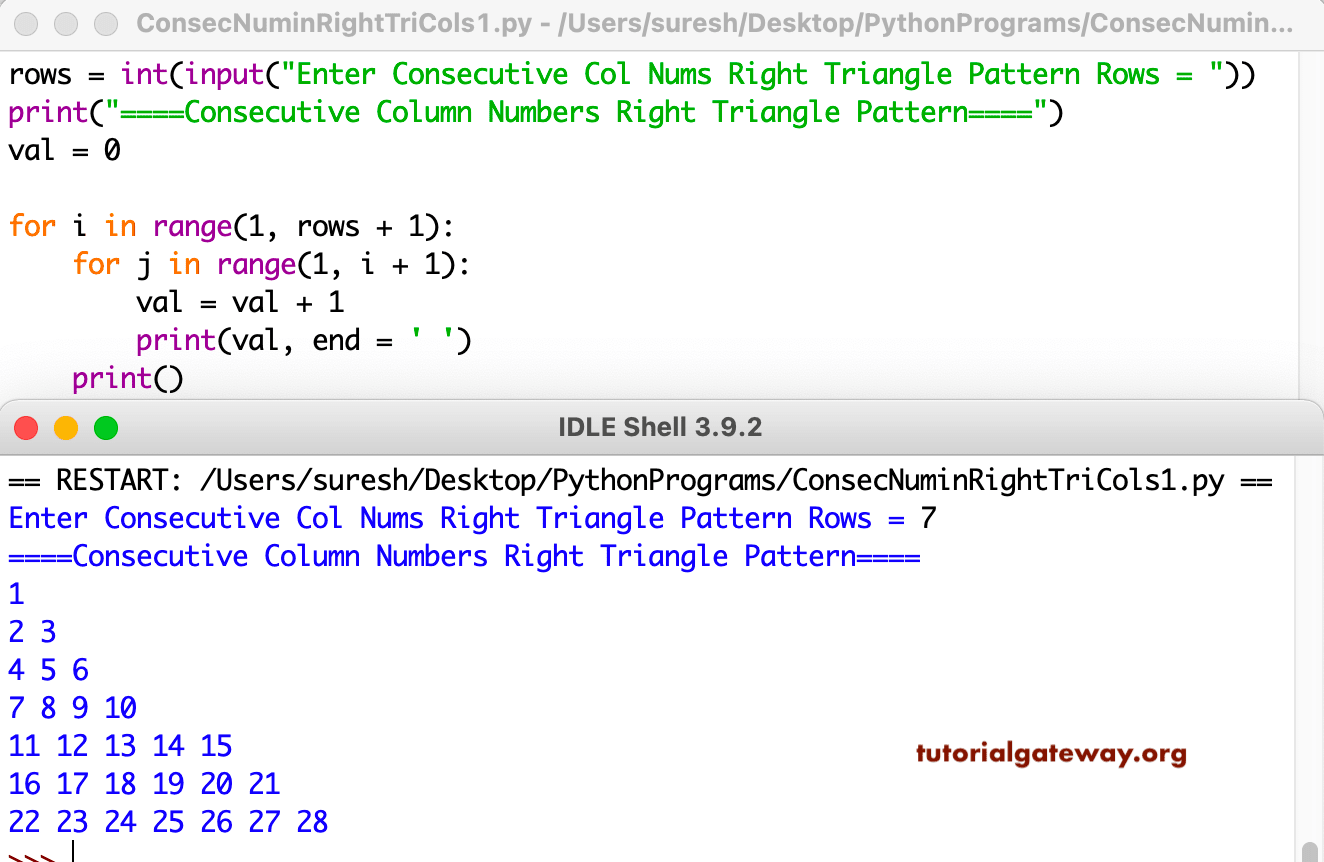 Python Program to Print Consecutive Column Numbers in Right Triangle